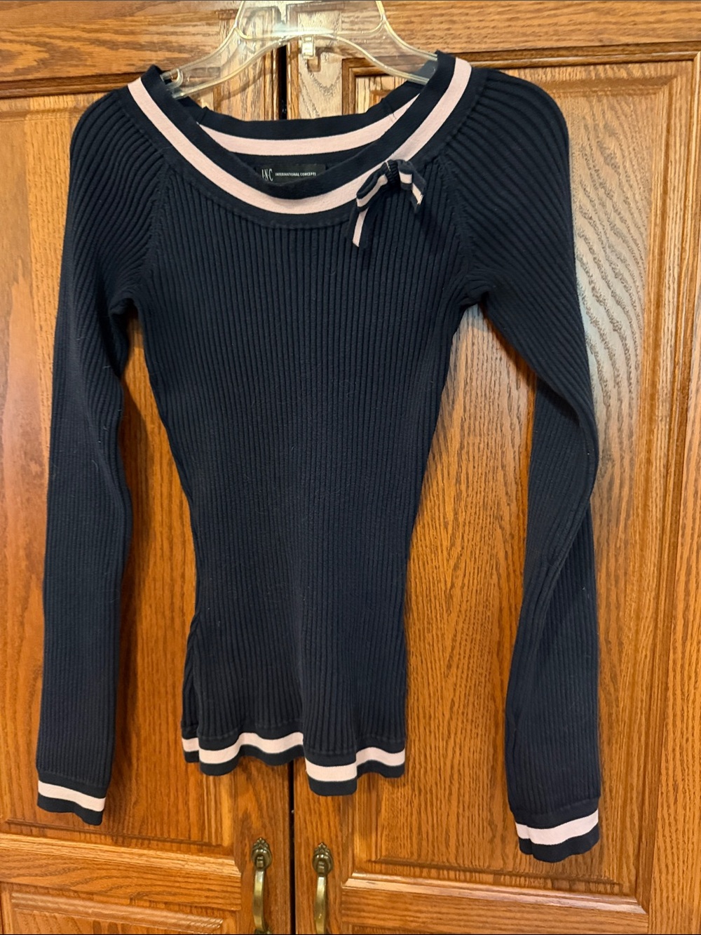 INC International Concepts dark navy/Black Ribbed Long-Sleeve Top with Pink Trim